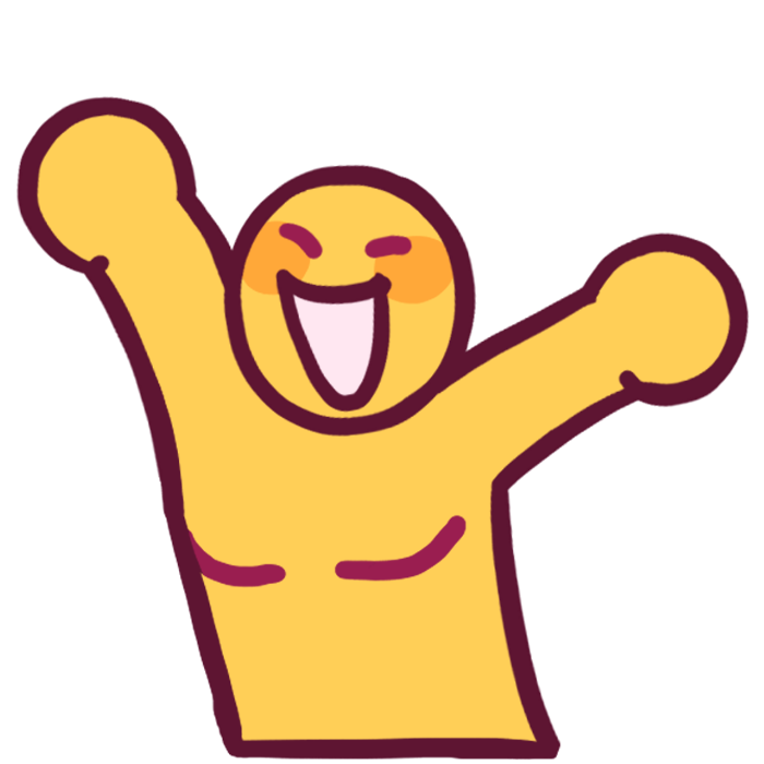 an emoji yellow figure cheering with their arms up. they have top surgery scars